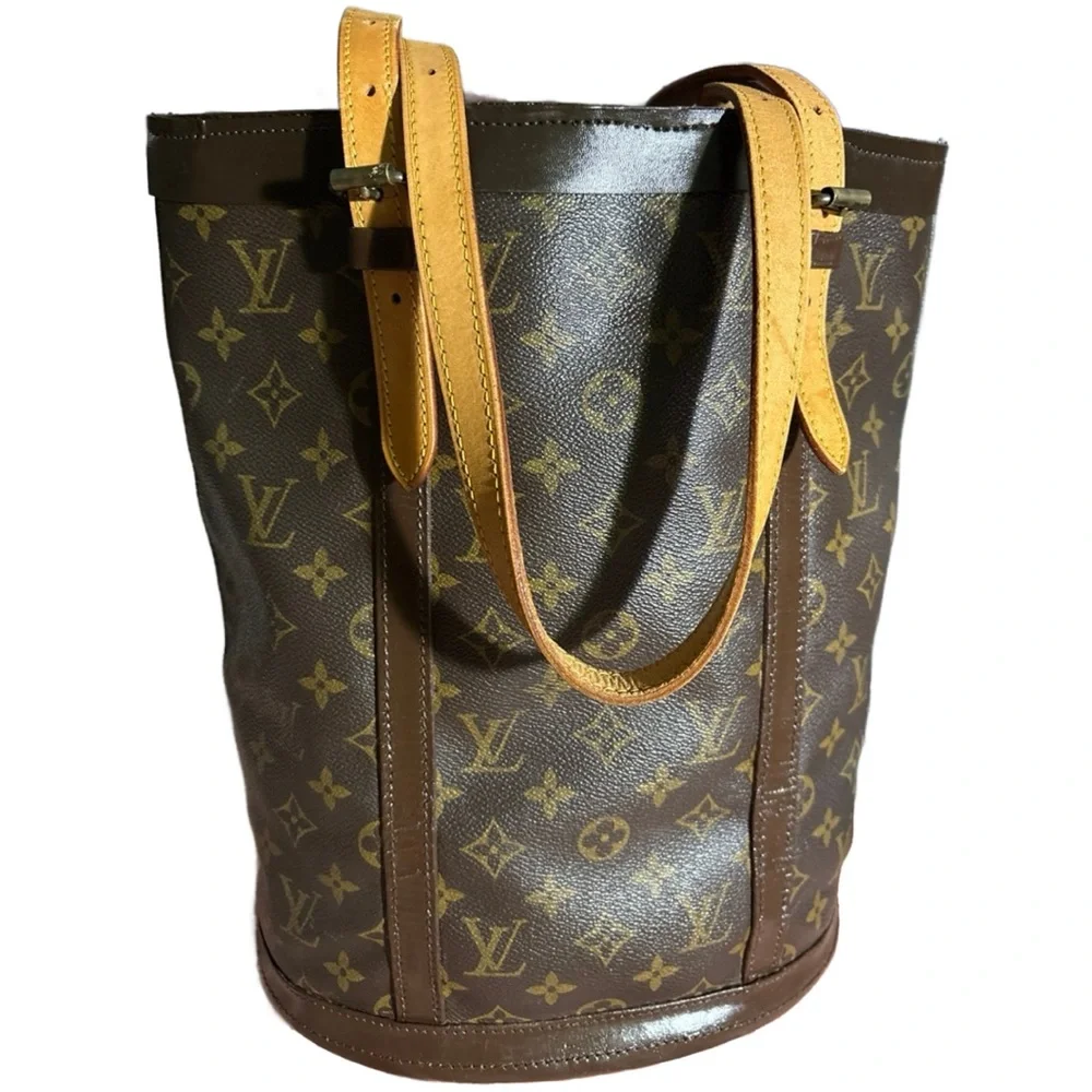 Louis Vuitton Brown Monogram Canvas Bucket Tote with Tan Leather Straps